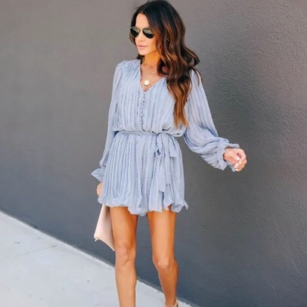 Trendy Swiss Dot Light Blue Pleated Romper